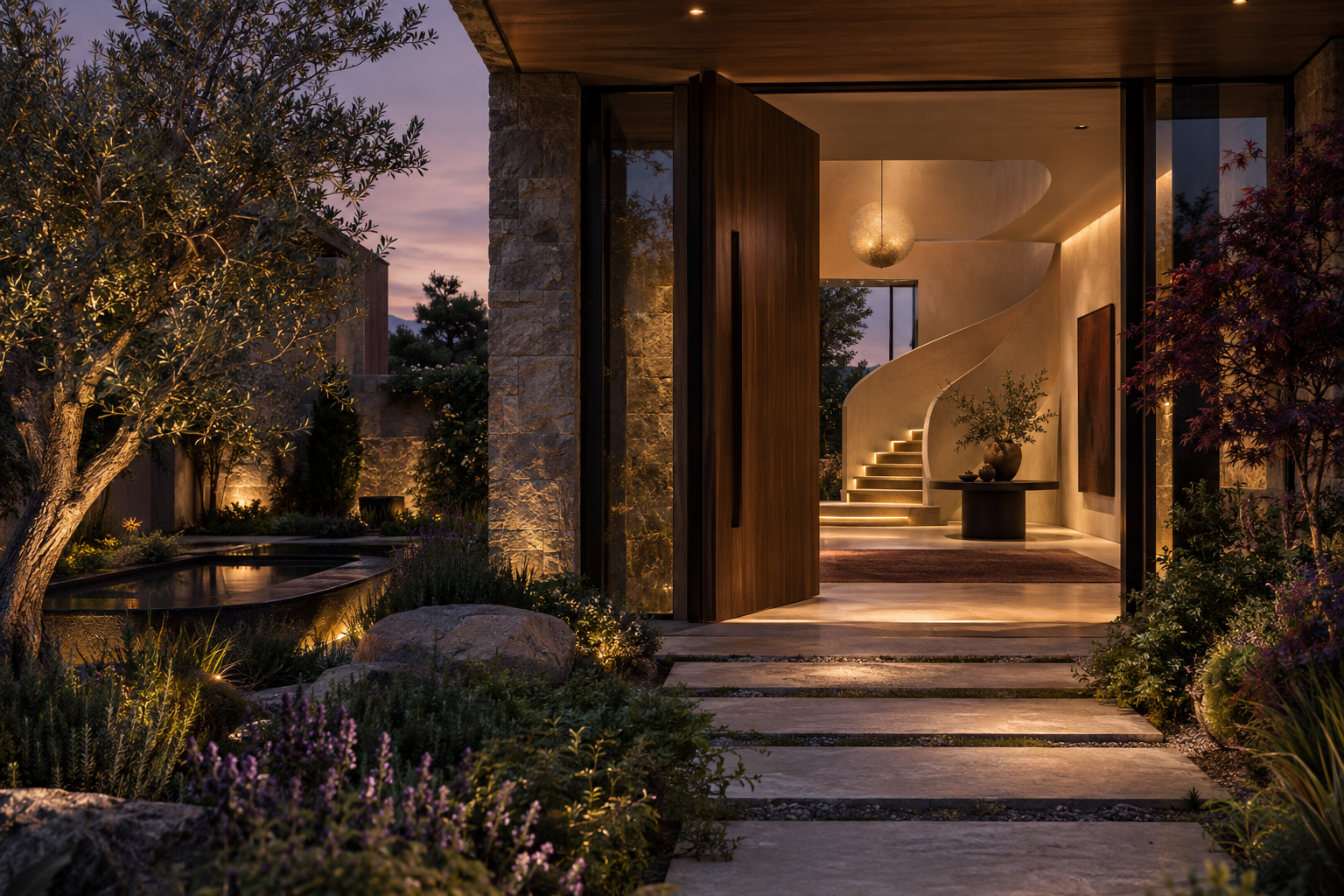 Architectural concept of a garden path leading into a warmly lit home at dusk