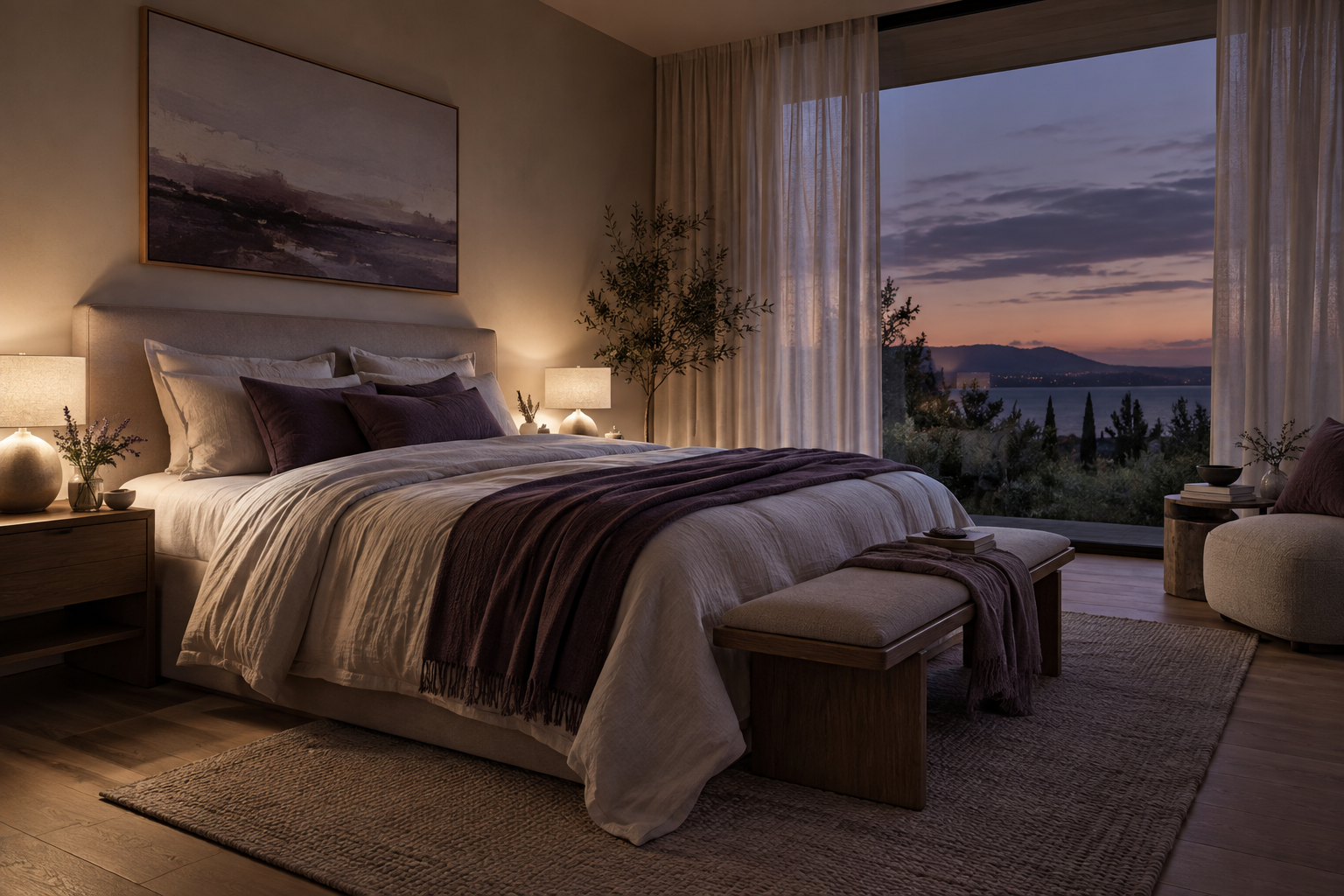 A peaceful bedroom concept with soft evening light and an open view