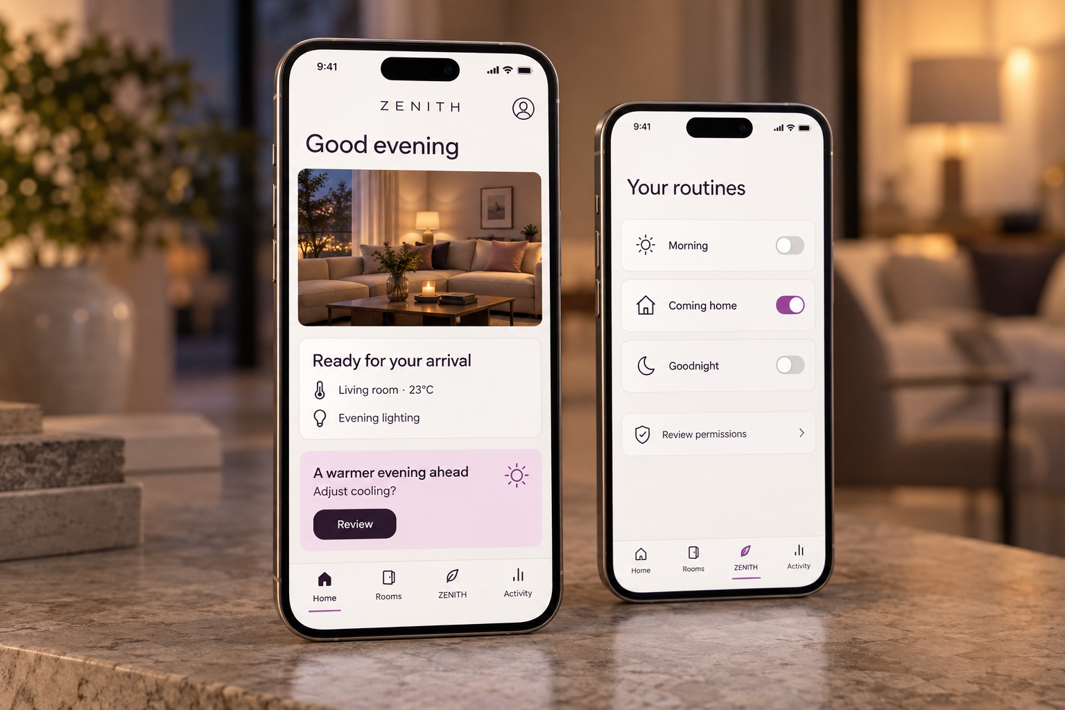 Illustrative ZENITH app concept: home readiness, routines and suggestions on two phones