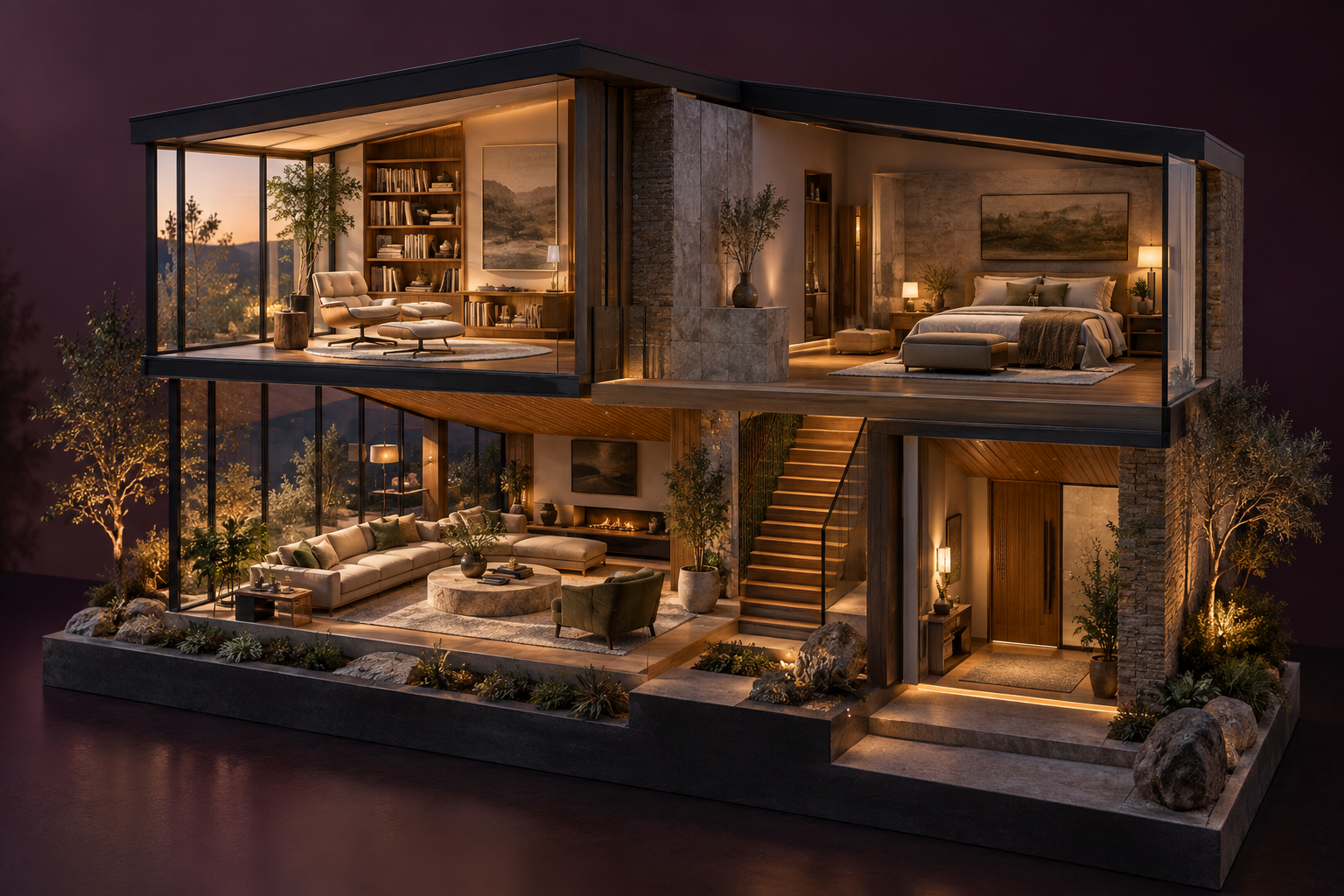 Architectural cutaway concept showing distinct living, sleeping and arrival spaces within a coordinated home