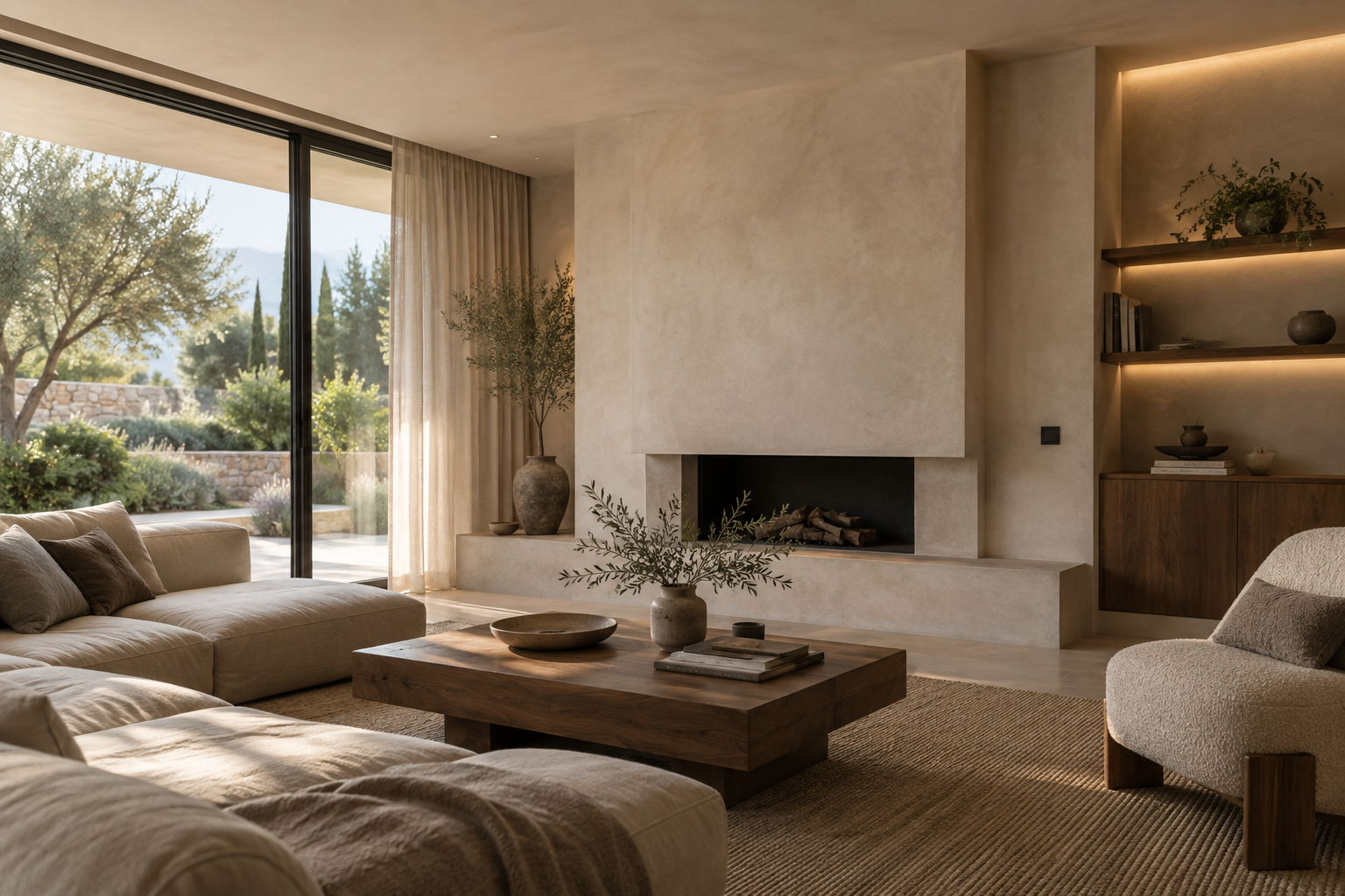 A contemporary living space with considered lighting and natural materials